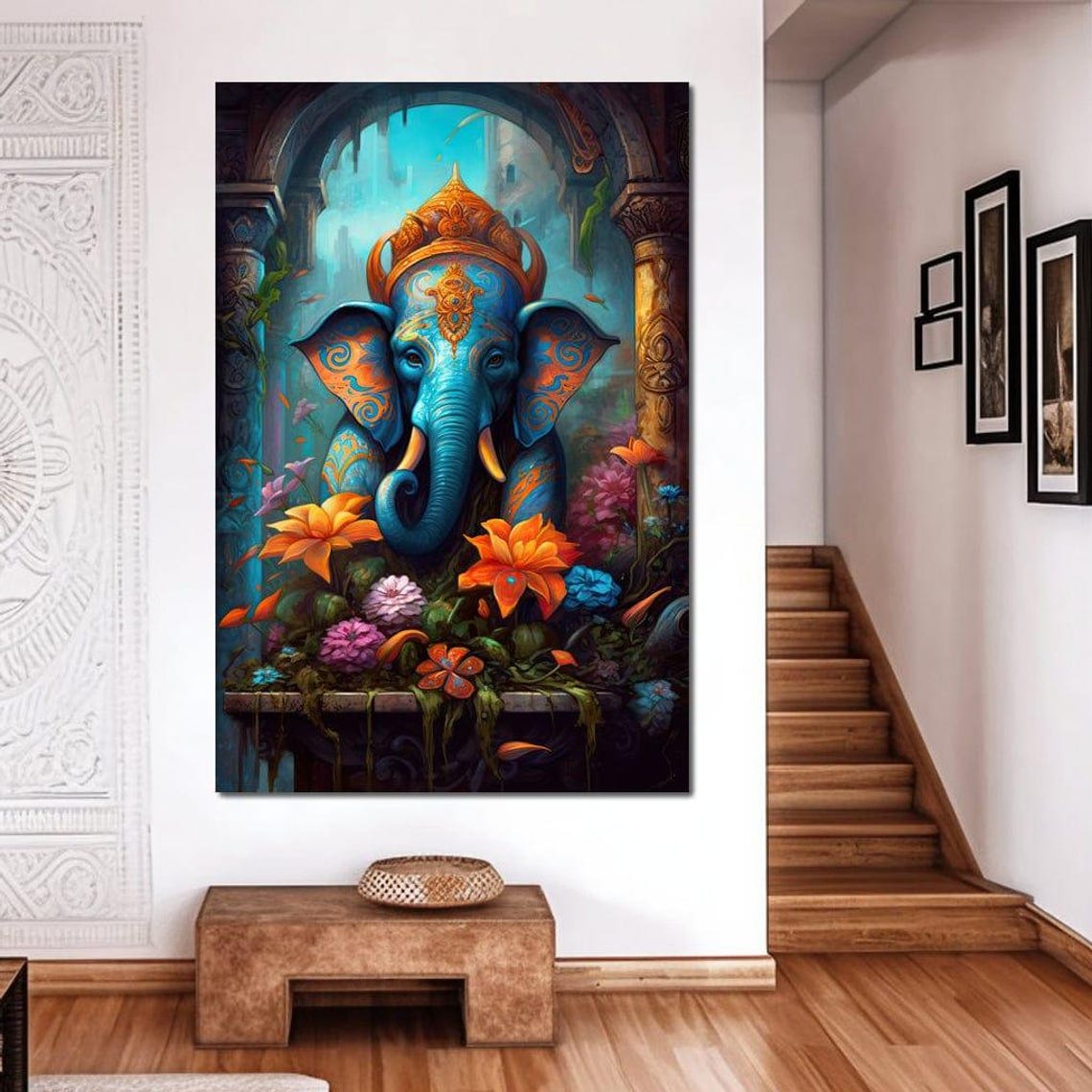 Ganesha Blue Elephant God Temple Arch Orange Bloom Spiritual Wall Art - Image 2