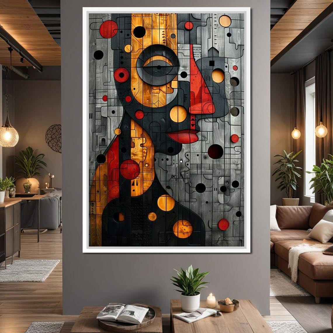 Abstract Mosaic Face Silhouette Geometric Gray Red Orange Wall Art - Image 2