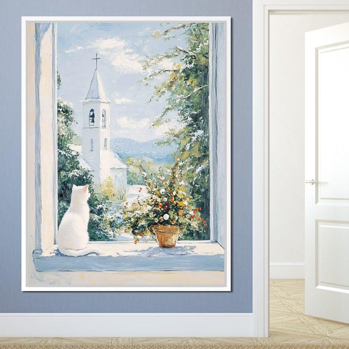 White Cat Watching Snowy Chapel From Cozy Windowsill Christmas Poster - Image 4
