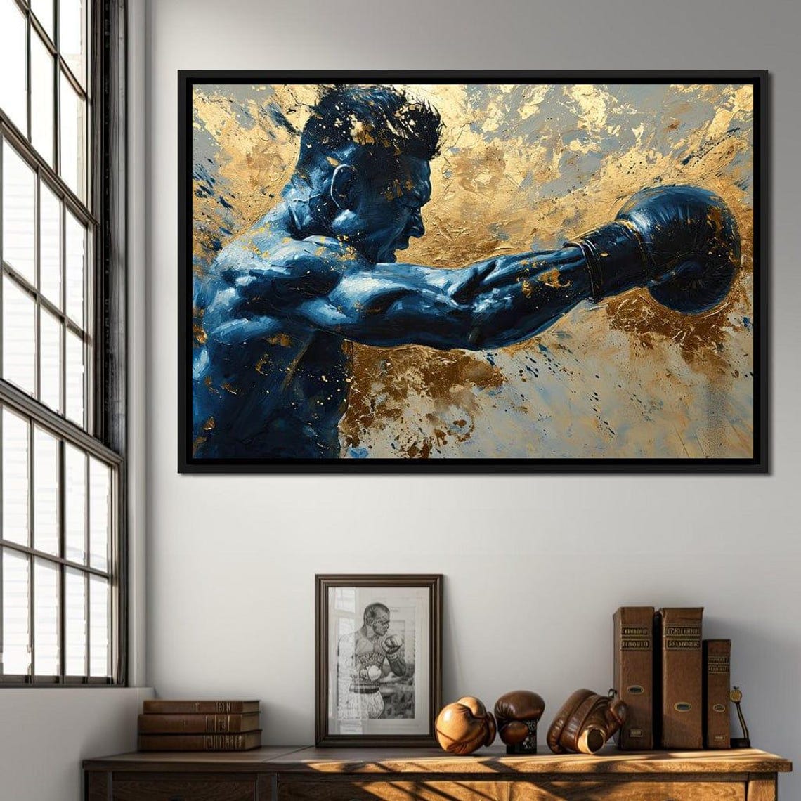 Azure Pugilist Unleashed Blue Boxer Gold Splatter Sports Poster - Image 2