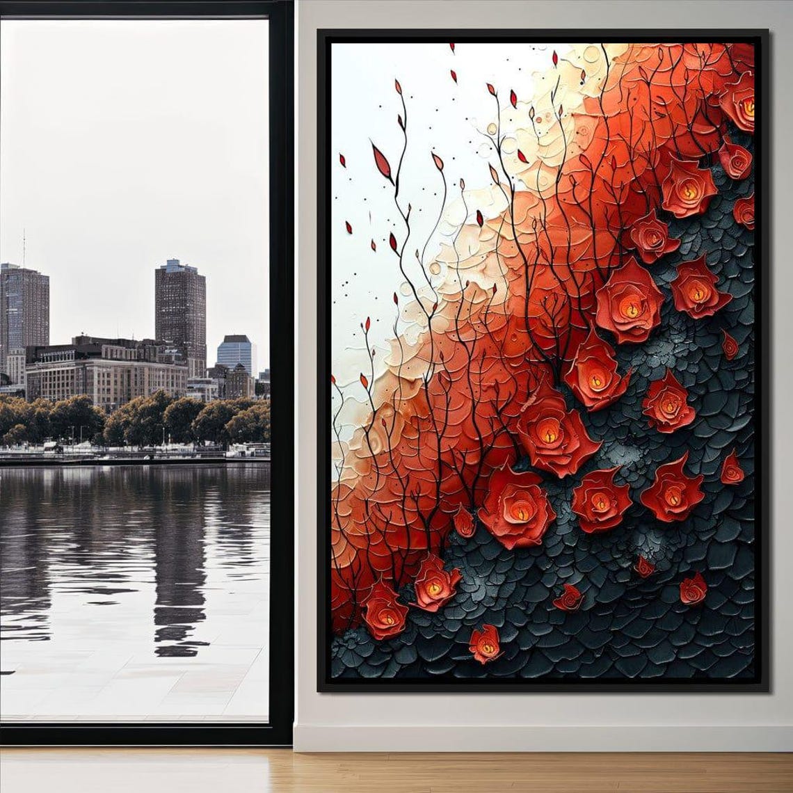 Red Roses Textured 3D Impasto Floral Painting Romantic Dark Wall Art - Image 3