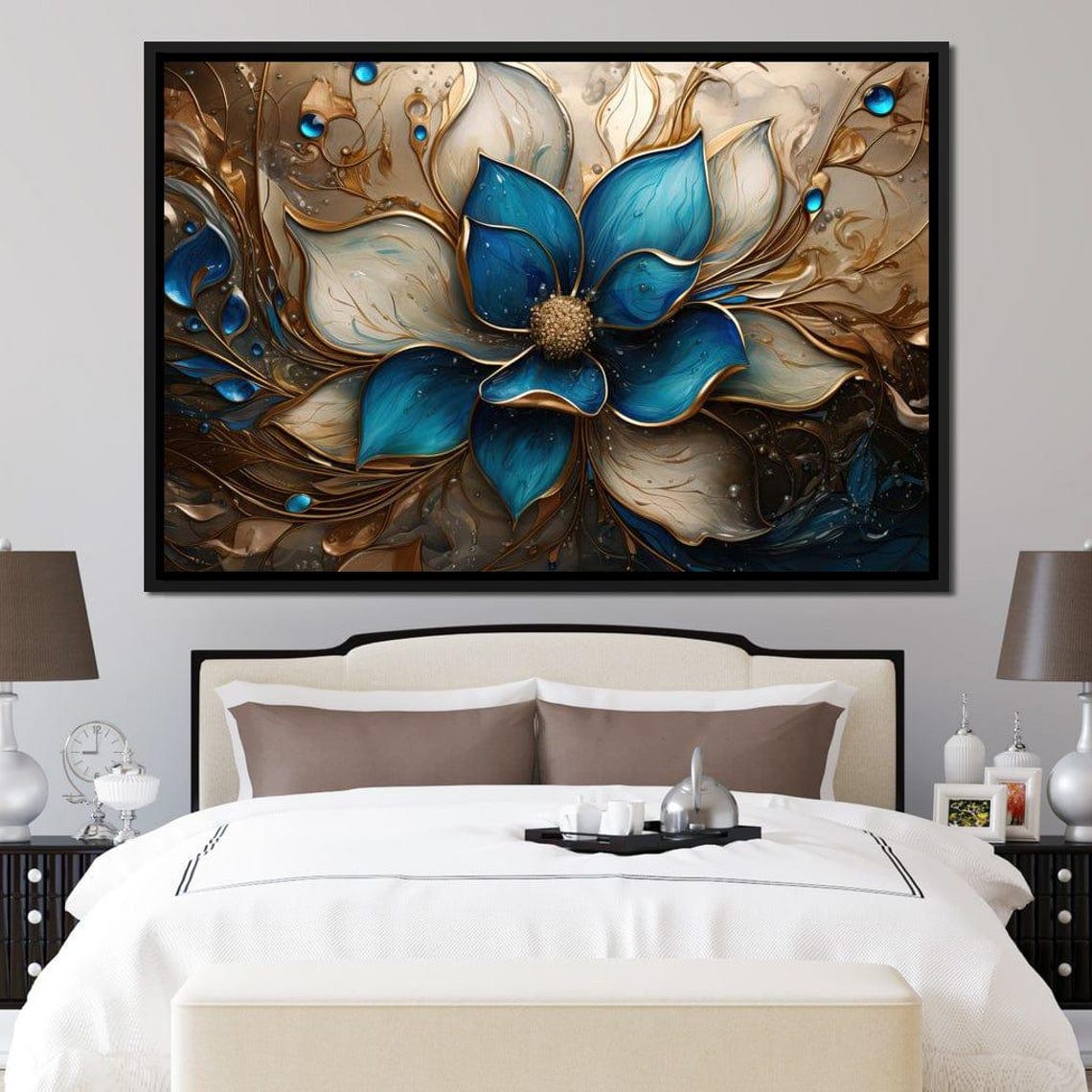 Blue Gold Floral Multi Panel Canvas Bloom Elegant Modern Poster - Image 4