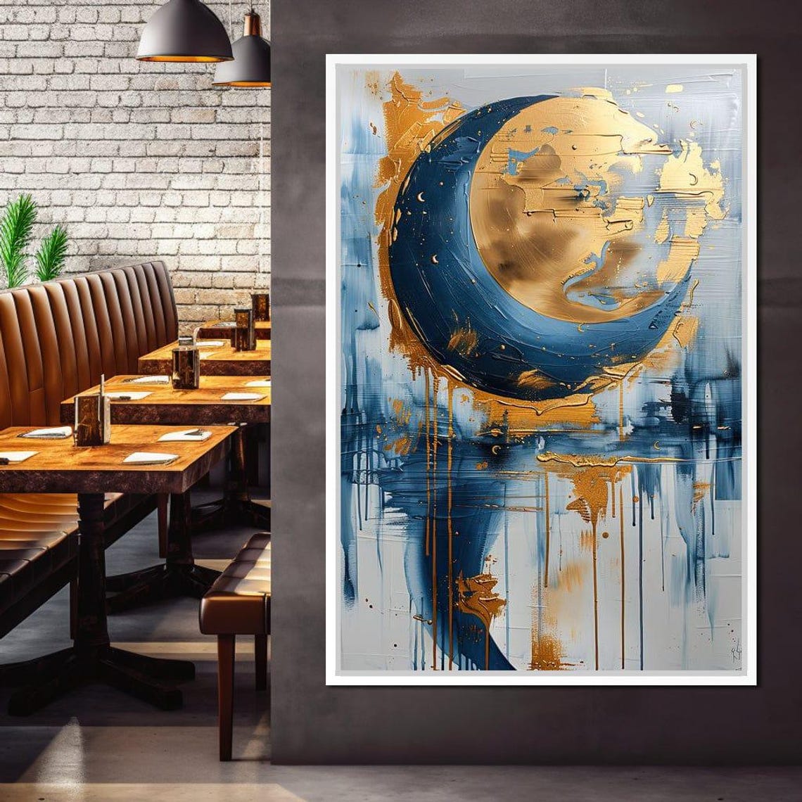 Abstract Gold Crescent Moon Blue Drips Elegant Modern Art Poster - Image 2