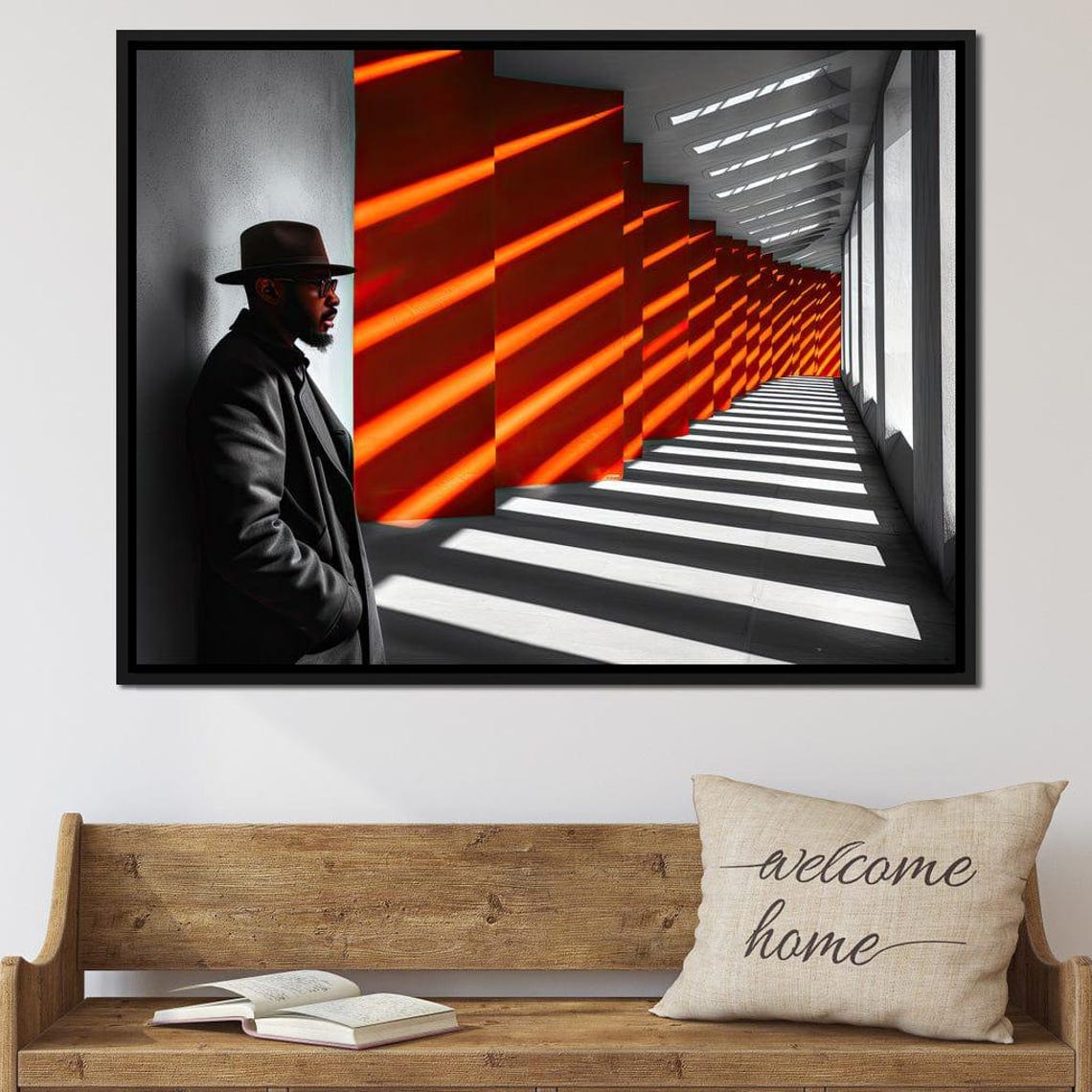 Man In Hat Red Light Shafts Urban Corridor Cinematic Street Art Poster - Image 4