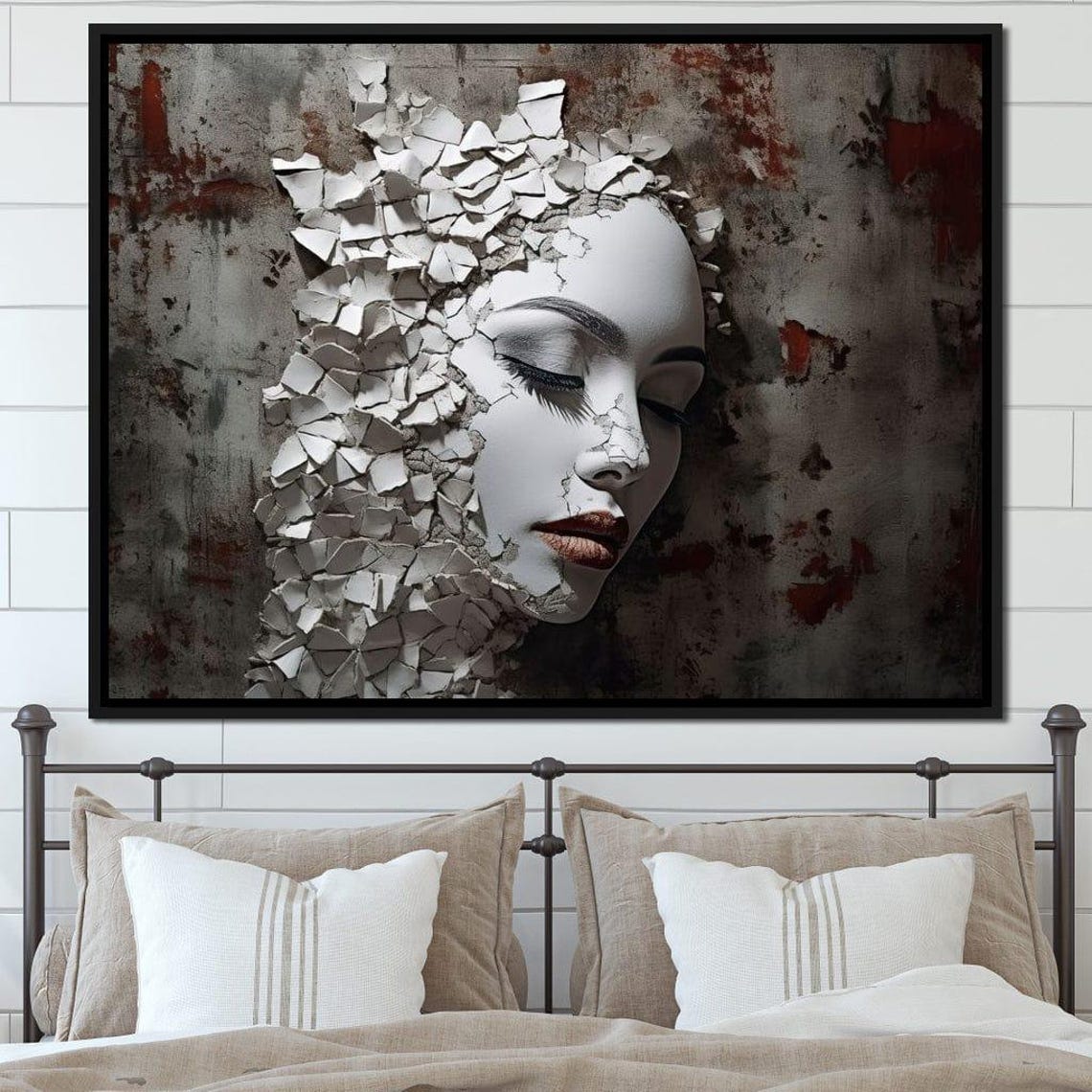 Shattered Porcelain Face 3D Surreal Cracked Mask Wall Art Poster - Image 3