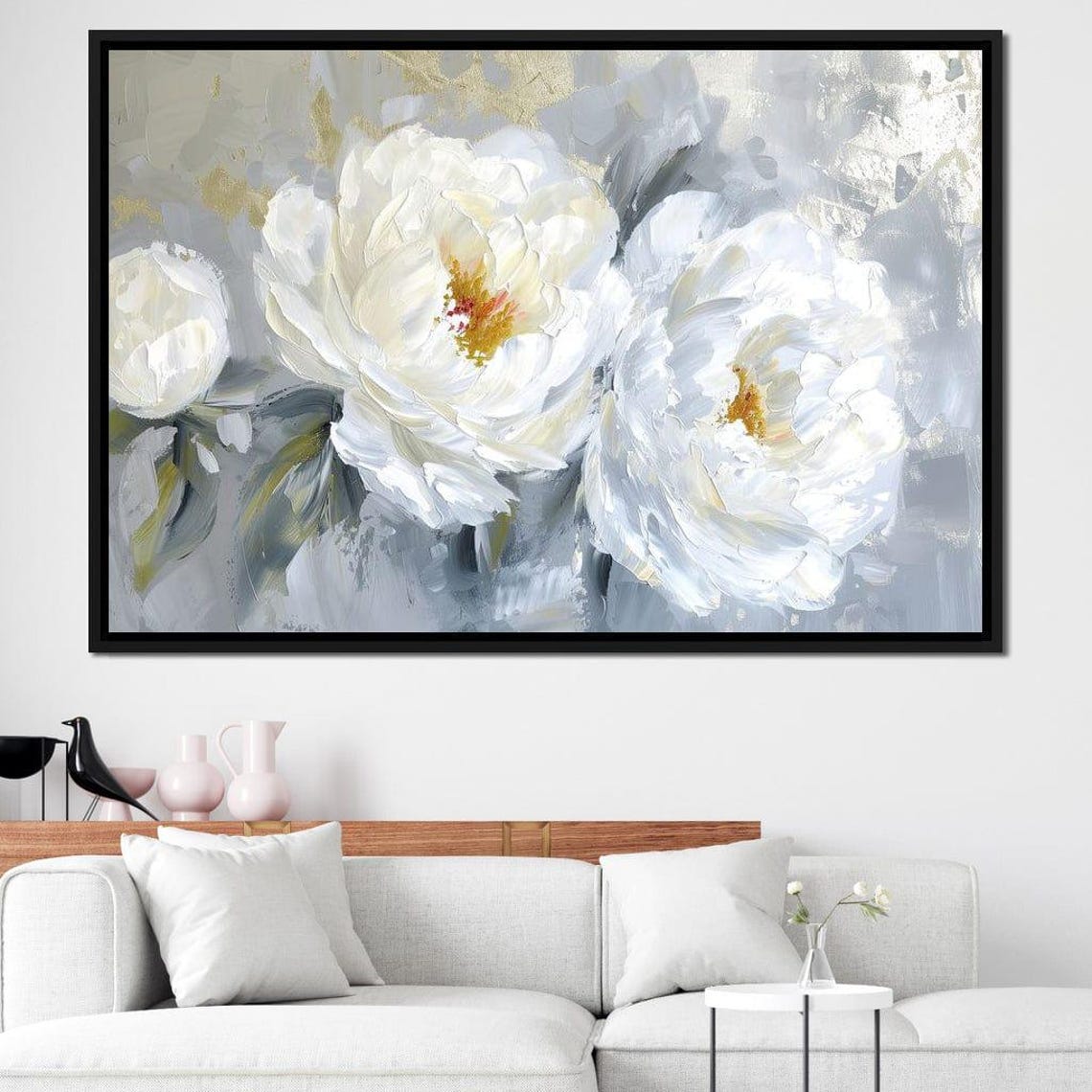 White Peonies Silver Gray Gold Accent Impasto Floral Art Print - Image 2
