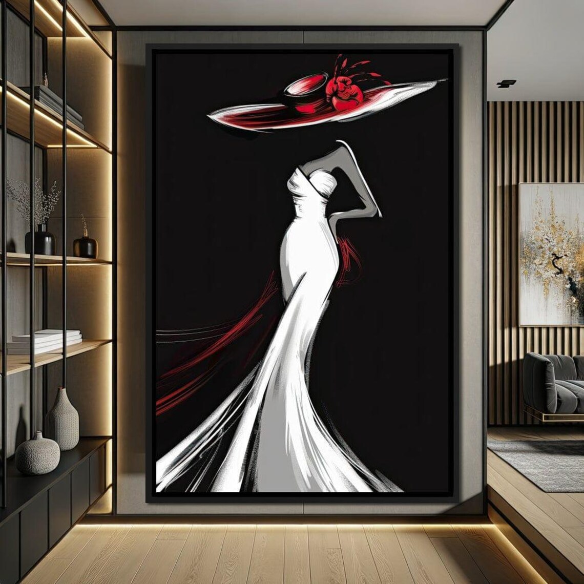 Noir Chic Fashion Sketch Woman In White Gown Red Accent Black Art Poster - Image 3