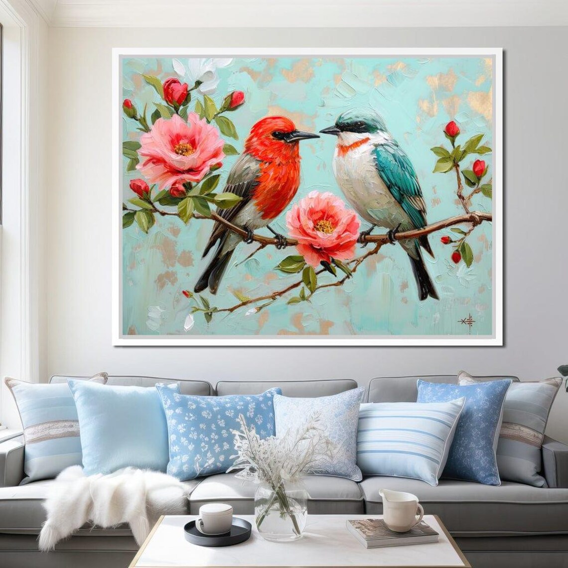 Two Colorful Songbirds Pink Blossom Branch Bird Floral Wall Art Print