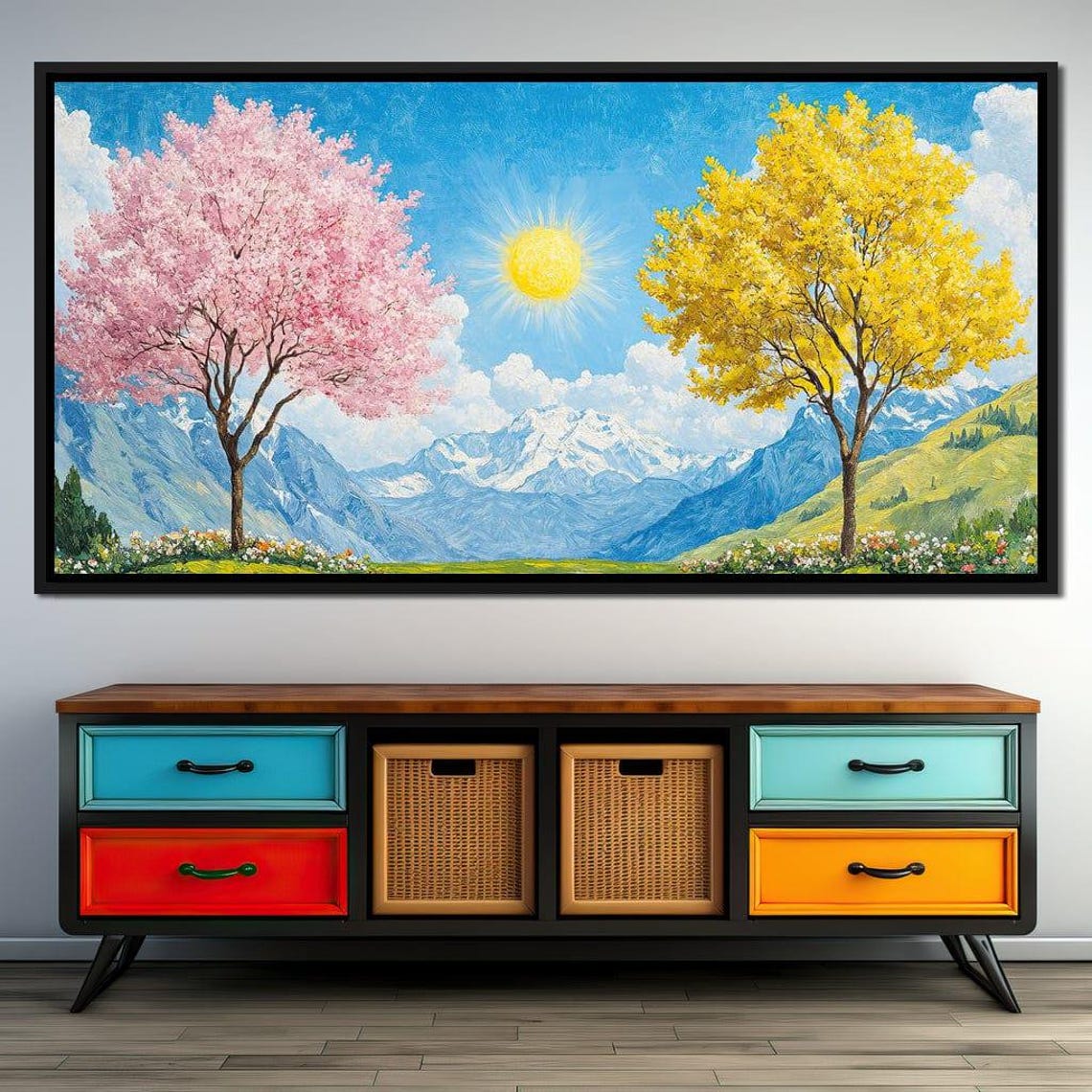 Pink Blossom And Golden Tree In A Sunny Mountain Valley Poster