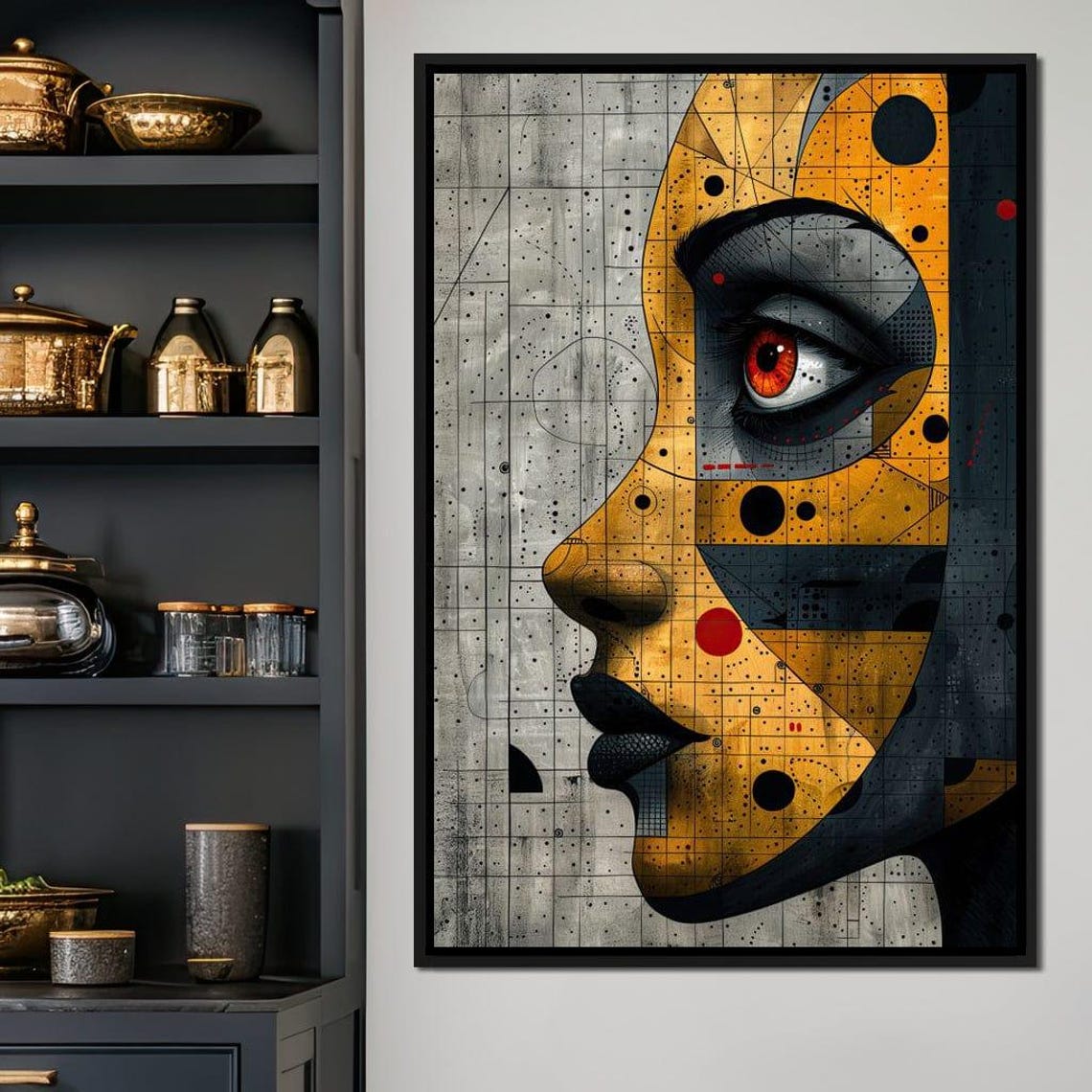 Golden Geometric Female Face Abstract Blueprint Style Modern Art Print - Image 4