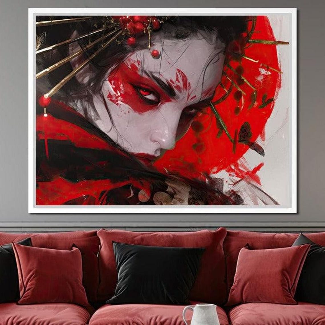 Fiery Geisha Warrior Face Bold Red Kabuki Makeup Dramatic Art Poster - Image 3