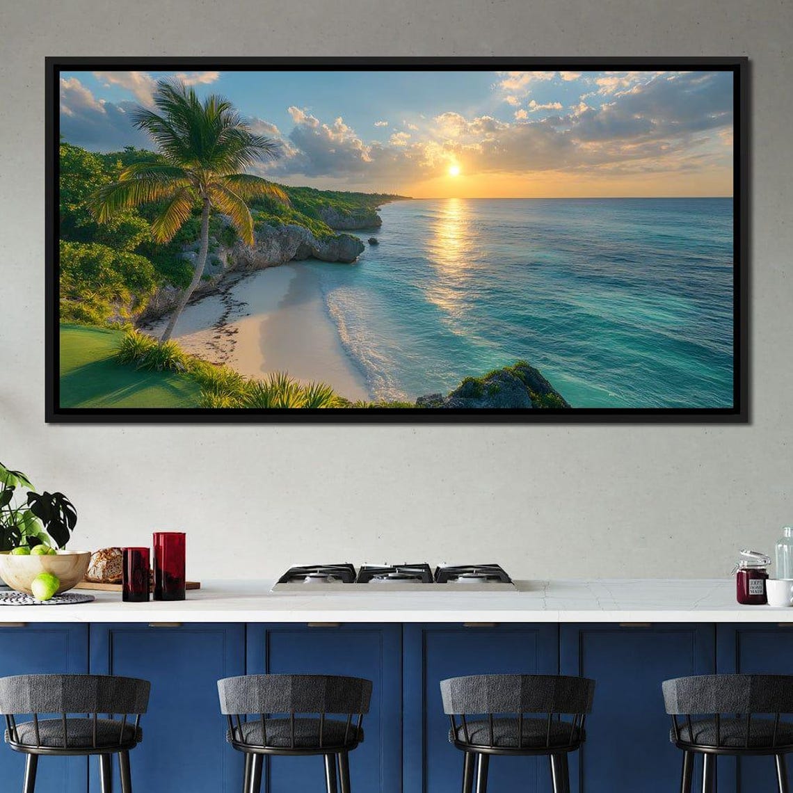 Tropical Beach Sunset With A Palm Tree And Rocky Cliffs Poster - Image 3