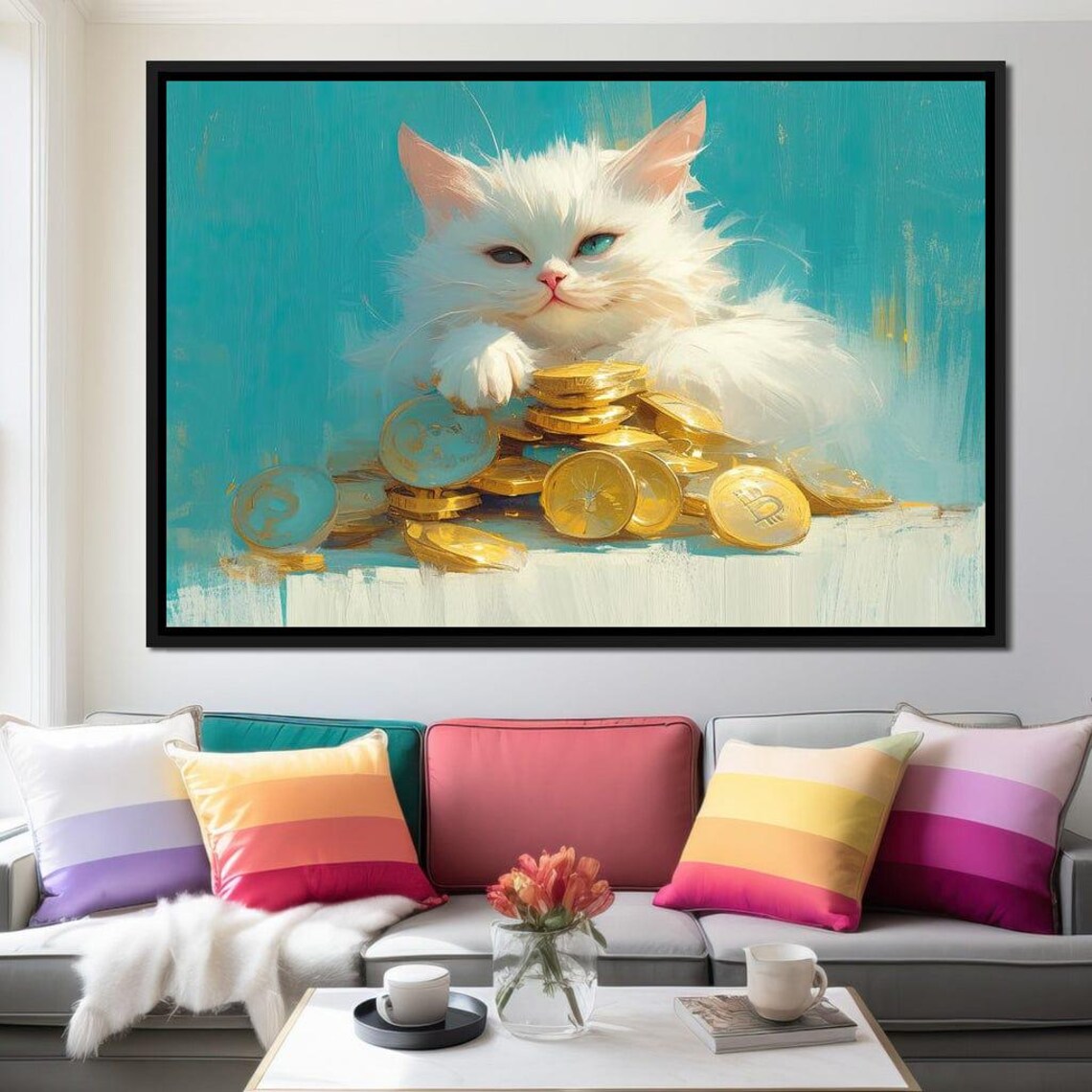 White Lucky Cat Gold Coins Turquoise Background Cute Fortune Kitty Art Poster - Image 2