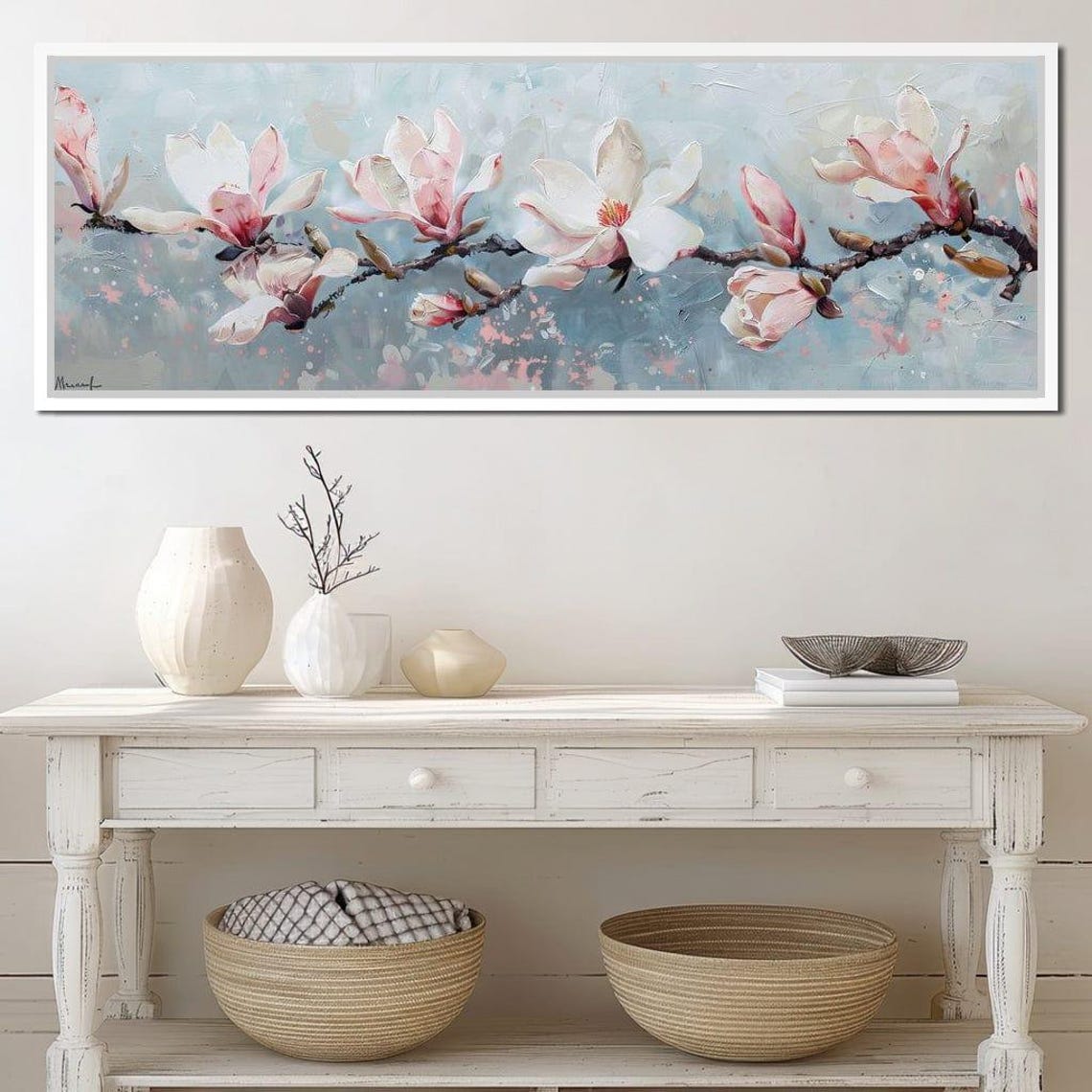 Magnolia Branch Blossoms Pale Blue Panoramic Floral Wall Art Poster