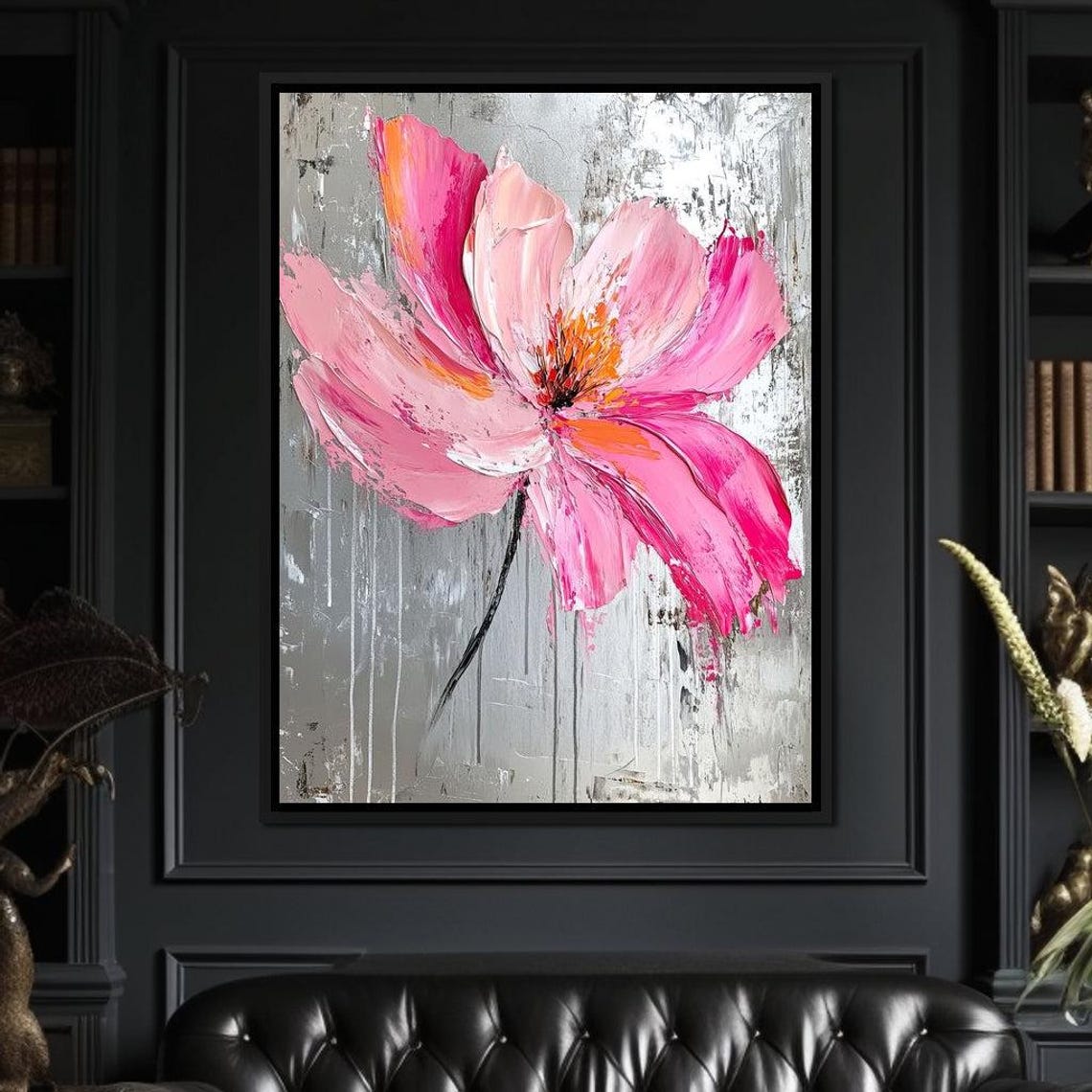 Pink Poppy Flower Gray Textured Modern Botanical Wall Art Poster - Image 3