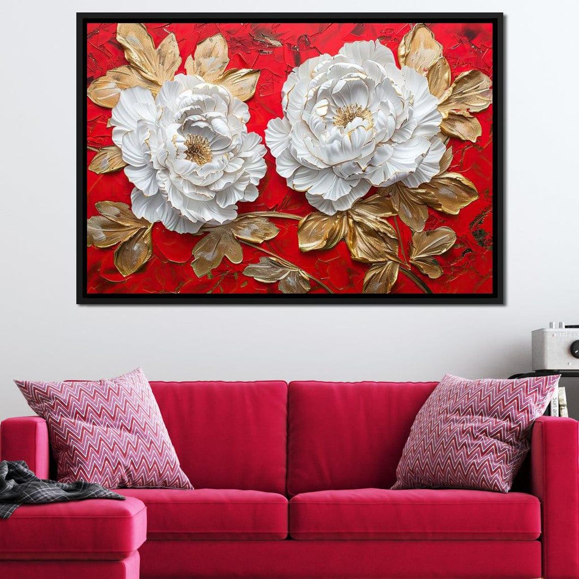 White Peonies on Red with Gold Leaves Bold Floral Wall Art Poster - Image 3