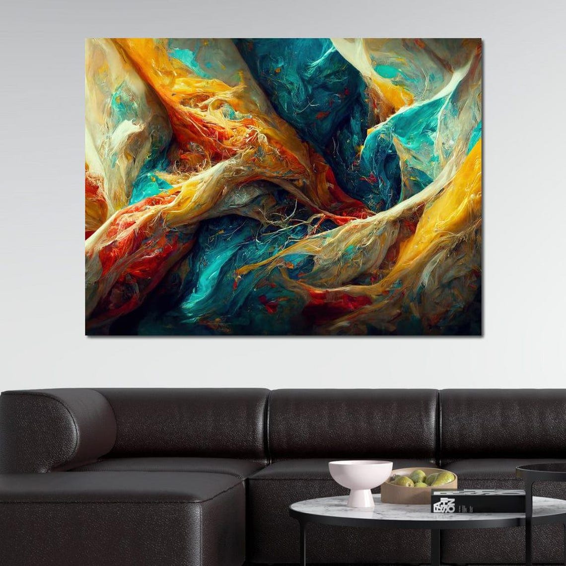 Gold Teal Silk Swirl Waves Five Panel Modern Abstract Wall Art - Image 2