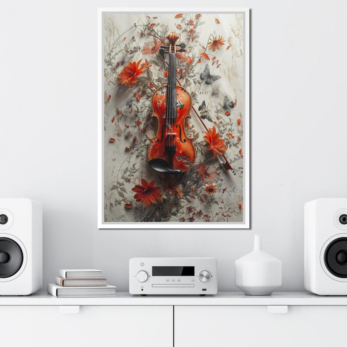 Red Violin Orange Blossoms Butterflies Marble Elegant Music Art Print - Image 3