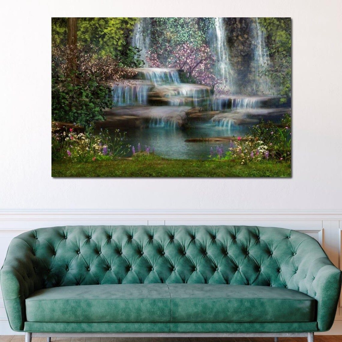 Fairy Cascade Waterfall Art Enchanted Forest Wall Art Serene Waterfall Painting Tranquil Nature Scene Decor By Nichecanvas - Image 4
