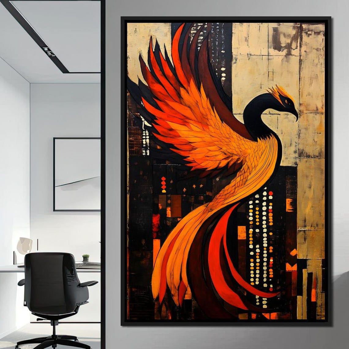 Fiery Orange Phoenix Soaring Above A Night City Modern Art Poster - Image 4