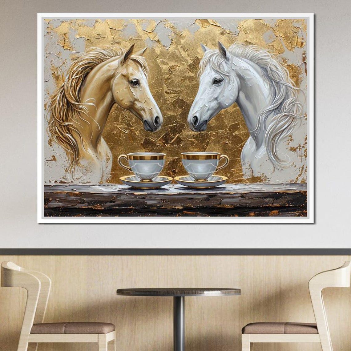 Two Horses Gold Teacups Golden Leaf Elegant Equestrian Art Poster - Image 3