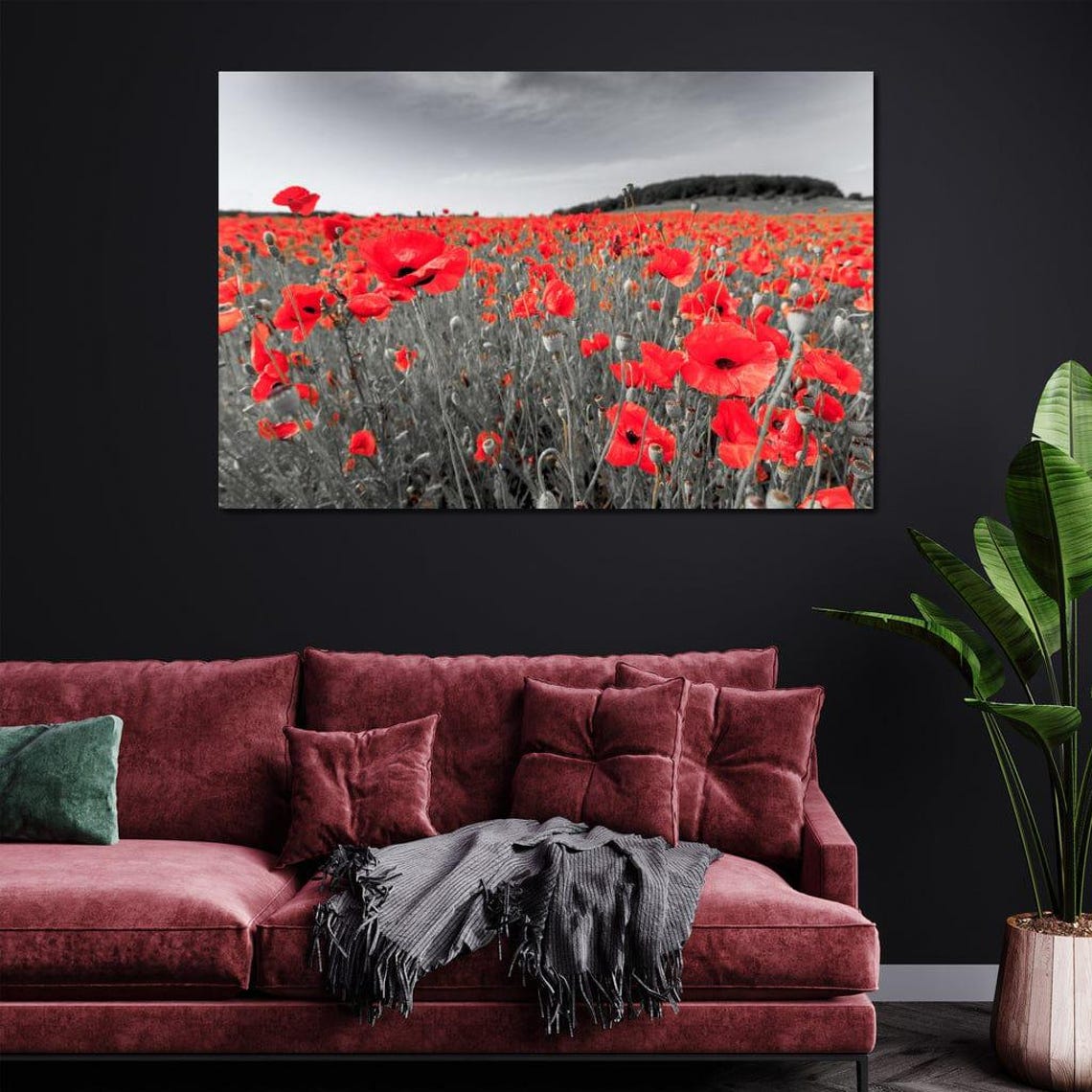 Vibrant Red Poppies Meadow Field Against Black And White Poster - Image 3