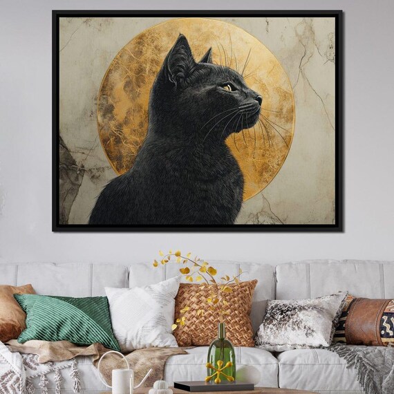 Black Cat Profile Golden Moon Halo Mystical Feline Portrait Wall Art Poster