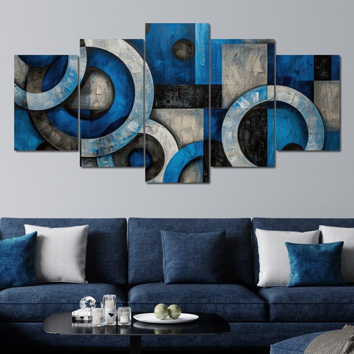 Blue Black Grey Overlapping Circle Rings Multi Panel Geometric Wall Art Print