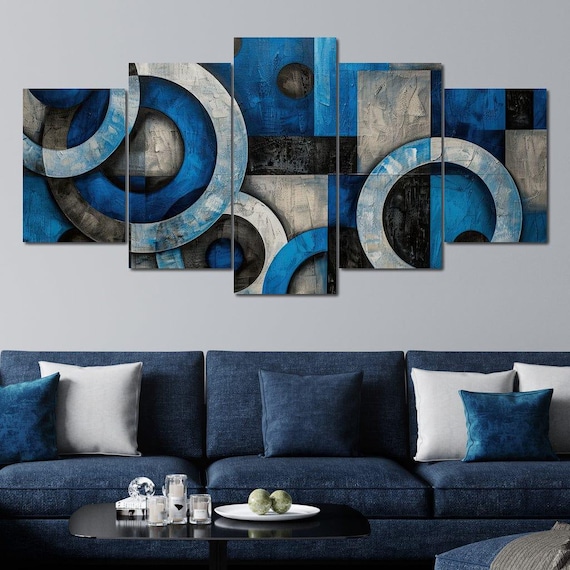Blue Black Grey Overlapping Circle Rings Multi Panel Geometric Wall Art Print