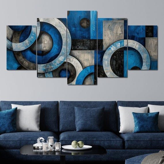 Geometric Blue Spheres Dance Modern Abstract Art Print Living Room Decor Circle Patterns Contemporary Wall Art By Nichecanvas