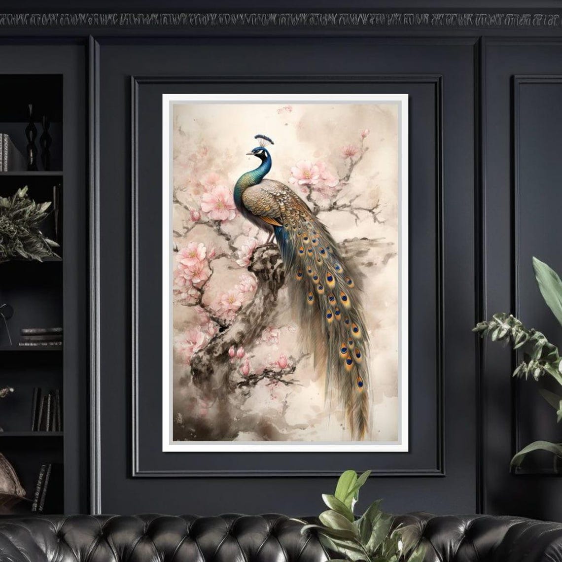 Peacock Long Flowing Tail Cherry Blossom Branch Watercolor Wall Art - Image 3