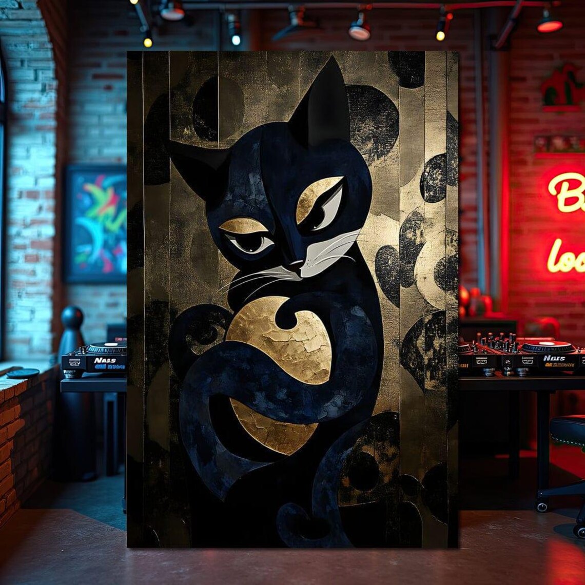Black Cat and Golden Moon Stylized Modern Feline Art Deco Wall Art Poster - Image 4