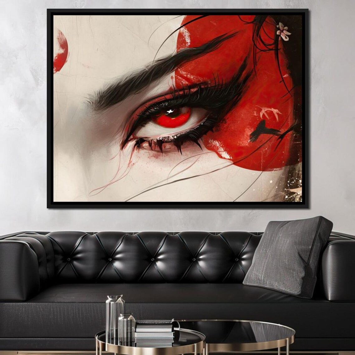 Crimson Gaze Geisha Eye Close Up Red Iris Ink Brush Japanese Poster - Image 3