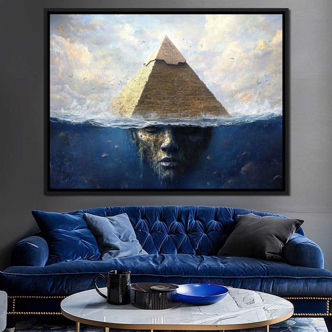 Great Pyramid Rising From The Ocean With Submerged Stone Face Wall Art - Image 3