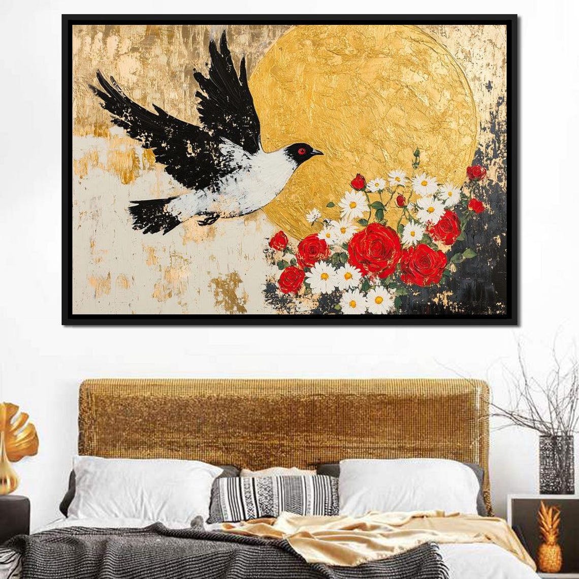 Black White Dove Gold Moon Red Roses Cream Modern Flight Bird Poster