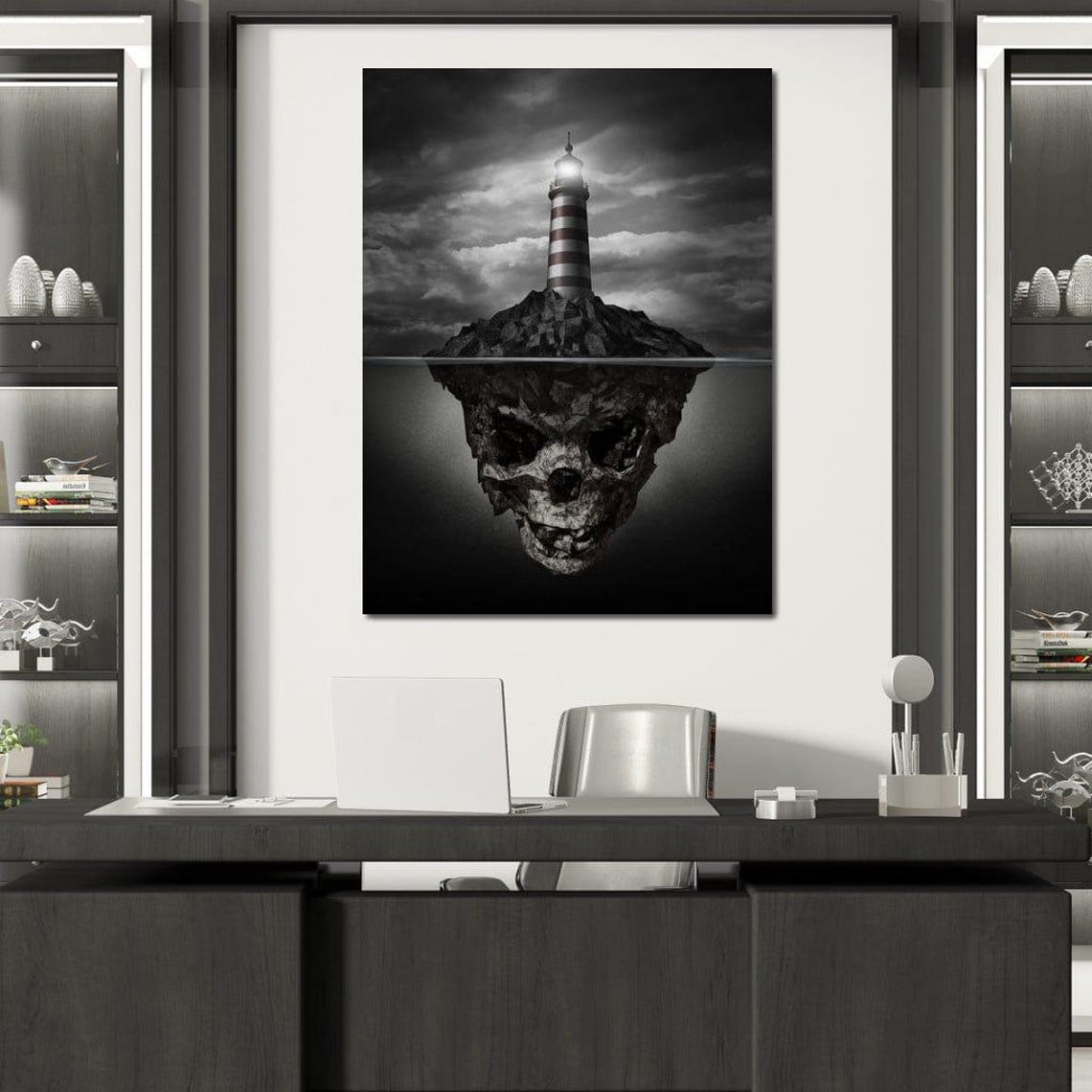Striped Lighthouse On Skull Shaped Rock Island Surreal Dark Art Poster - Image 4
