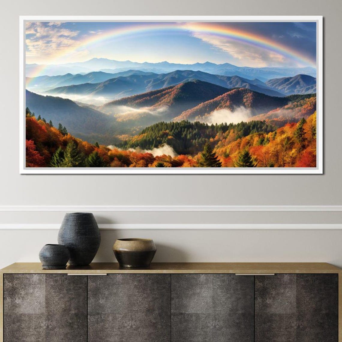 Rainbow Over Misty Autumn Mountain Valleys Fall Landscape Art Poster - Image 3