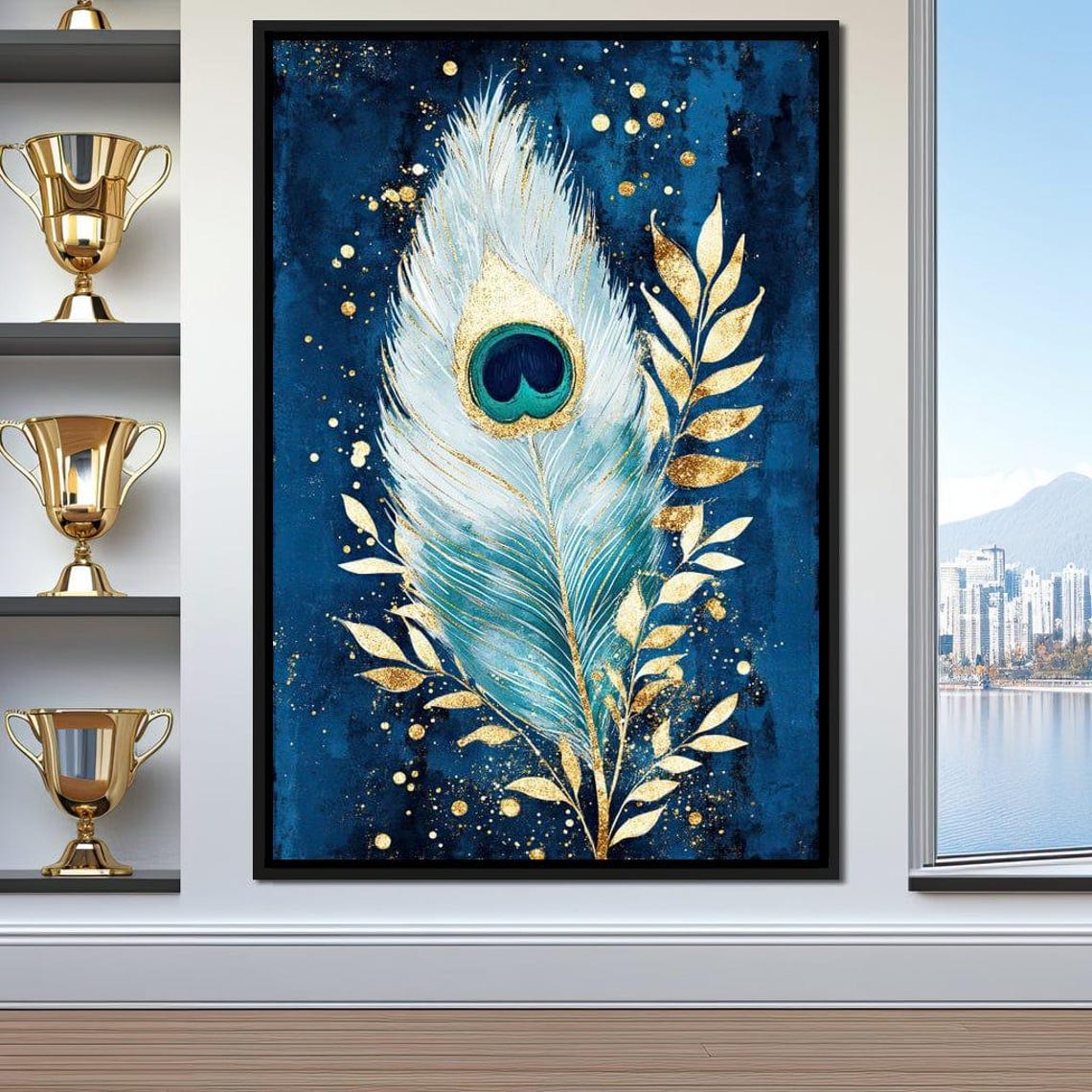White And Gold Peacock Feather On Deep Navy Blue Luxury Wall Art - Image 3