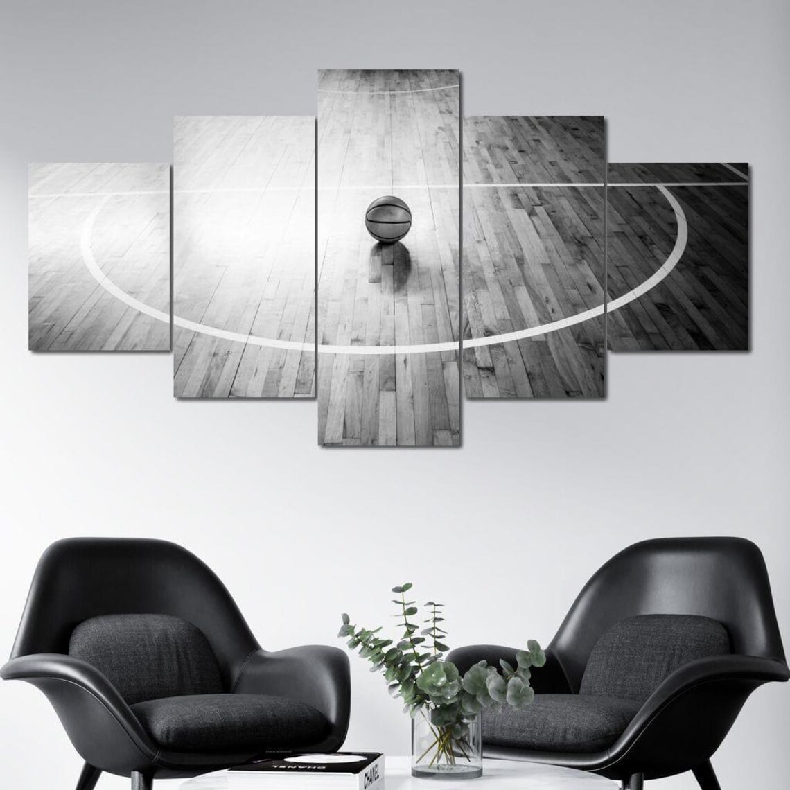 Basketball On Hardwood Court Black And White Five Panel Sports Wall Poster - Image 4