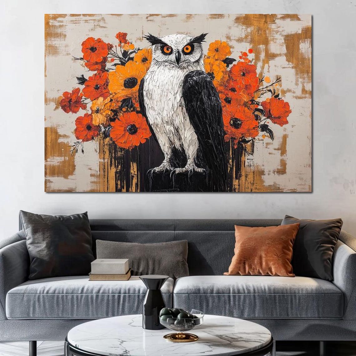 White Owl Amidst Fiery Orange Poppies Wildflower Wildlife Art Print - Image 2