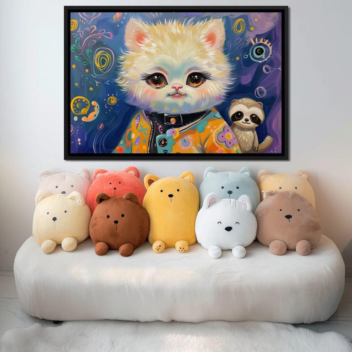 Cute Cartoon Kitten Colorful Jacket With Sloth Friend Kids Art Print - Image 3