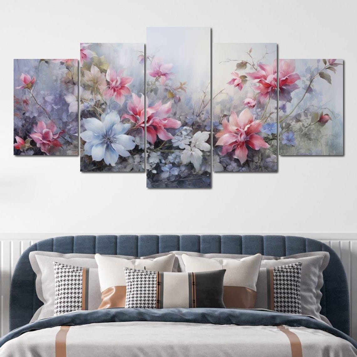 Delicate Pink Blossom Watercolor Five Panel Floral Wall Art Poster