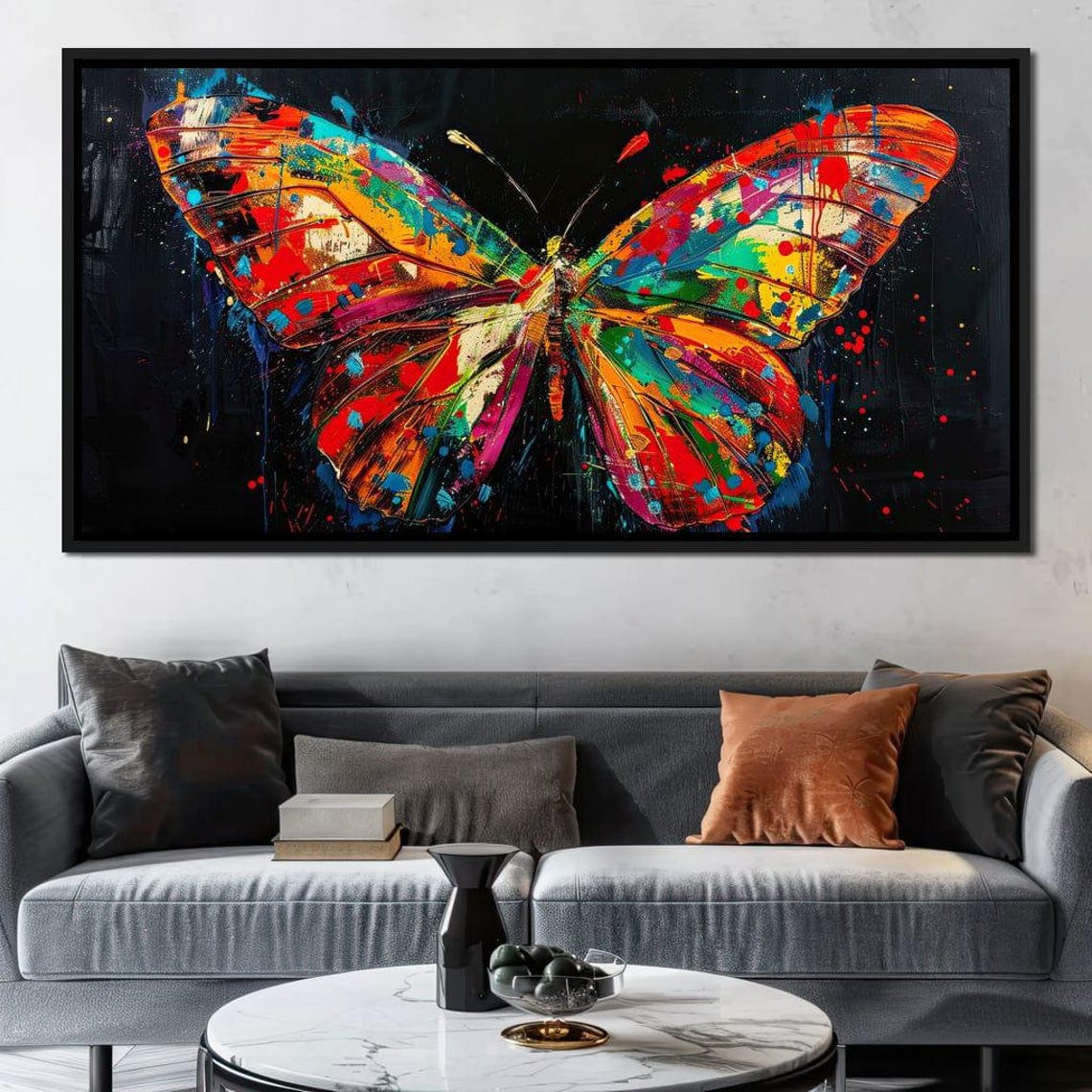 Painted Wings Vibrant Butterfly Red Orange Blue Abstract Dark Wall Art - Image 4