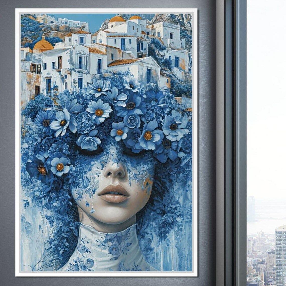 Blue Flowers Woman Portrait White Mediterranean Village Wall Art Print - Image 3