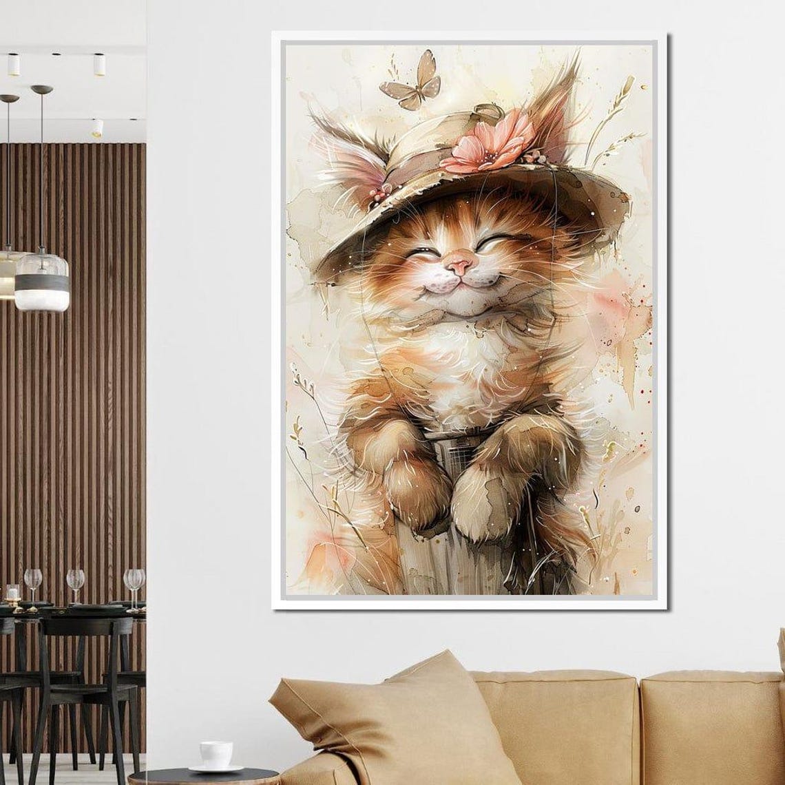 Watercolor Kitten Wearing Floral Straw Hat Autumn Butterfly Art Poster