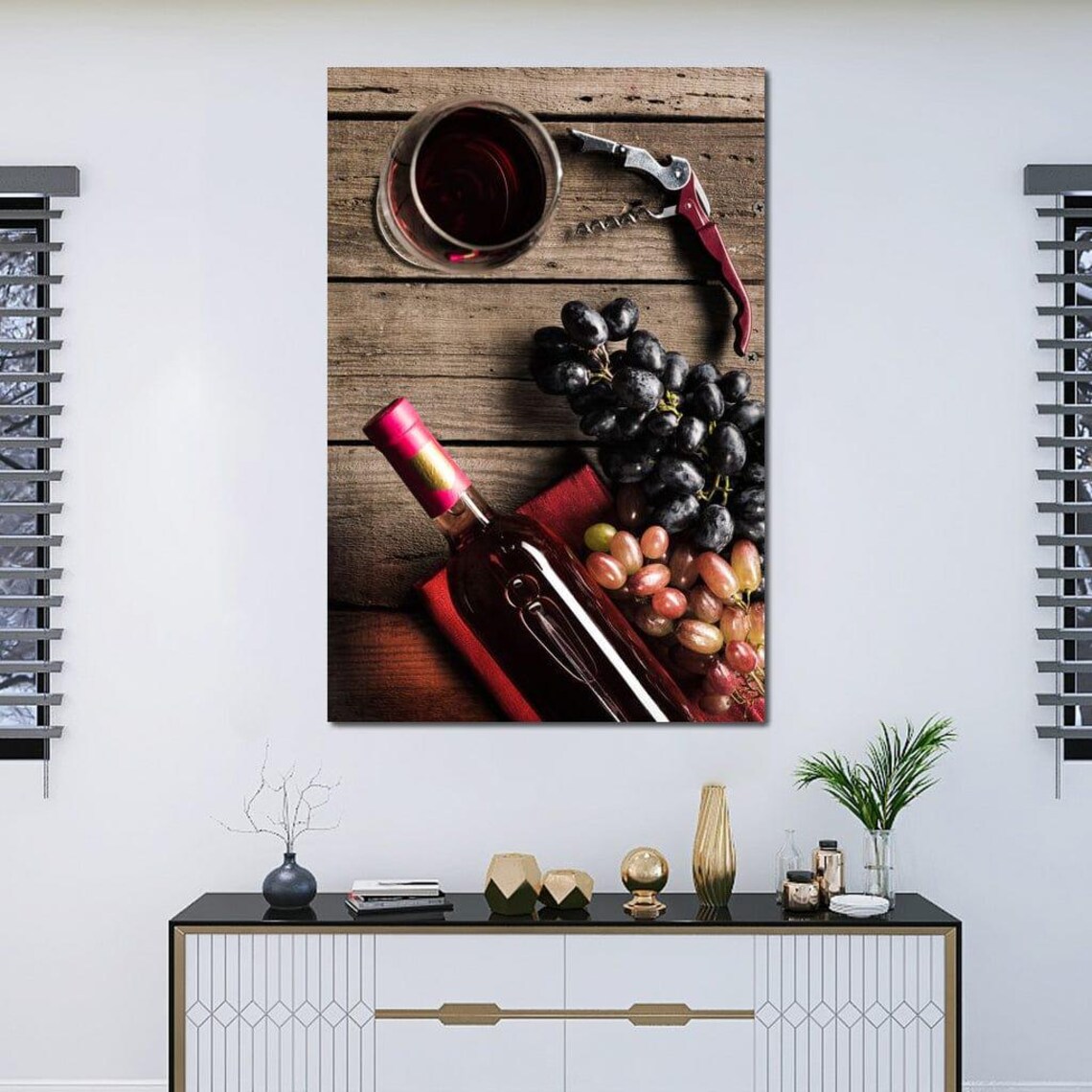 Rustic Wine Still Life Bottle Glass Grapes Corkscrew Wooden Table Poster - Image 3