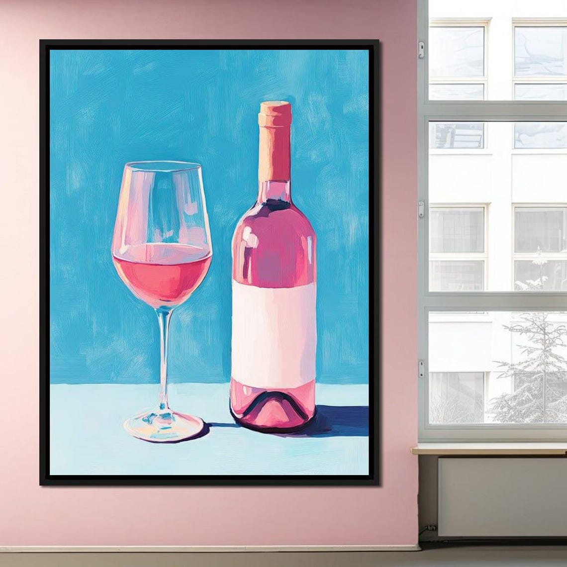 Rosé Wine Bottle and Glass Pink Teal Modern Kitchen Bar Wall Art Print - Image 3