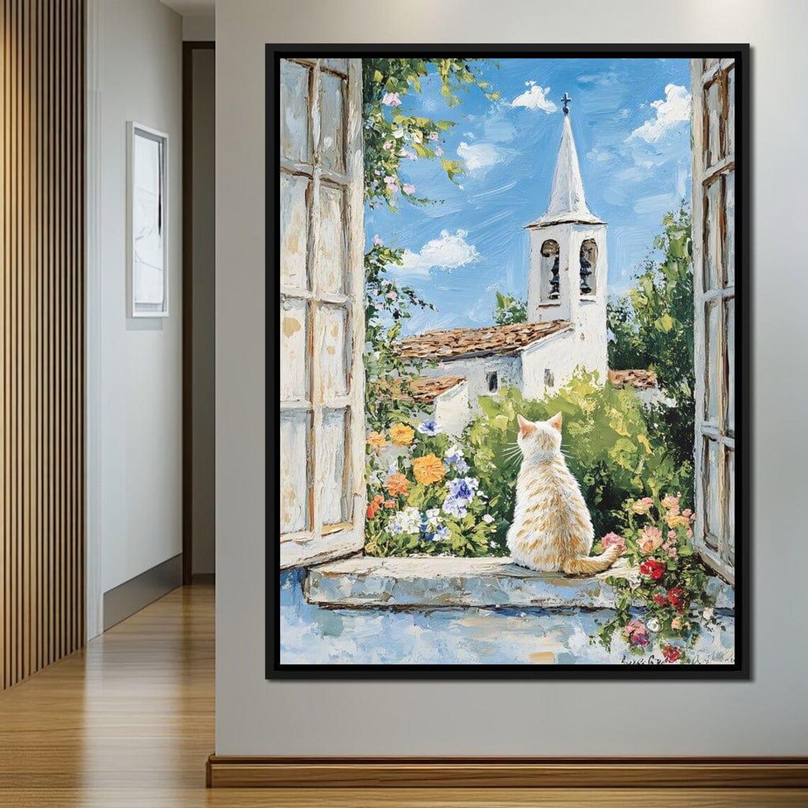 White Cat Window View Village Church Flowers Cozy Garden Scene Art Poster - Image 4