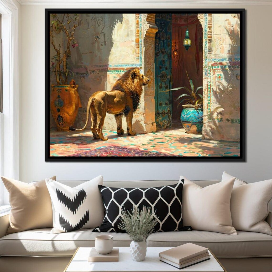 Majestic Lion Standing Moroccan Courtyard Sunlit Mosaic Tiles Art Poster - Image 2
