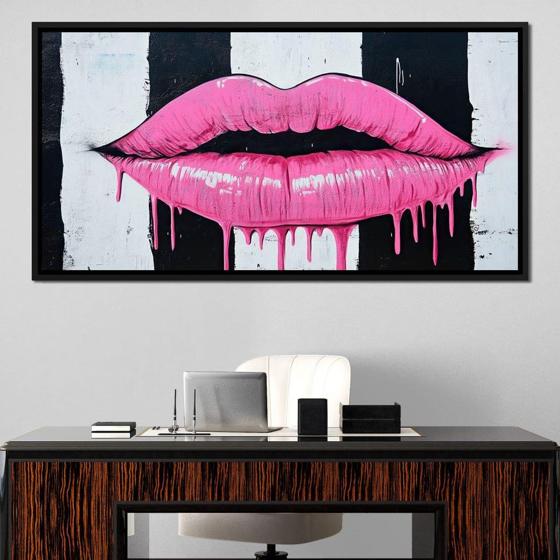 Vibrant Dripping Lips On Stripes Pop Art Decor Bold Pink Home Decor Contemporary Artistic Wall Art By Nichecanvas - Image 2